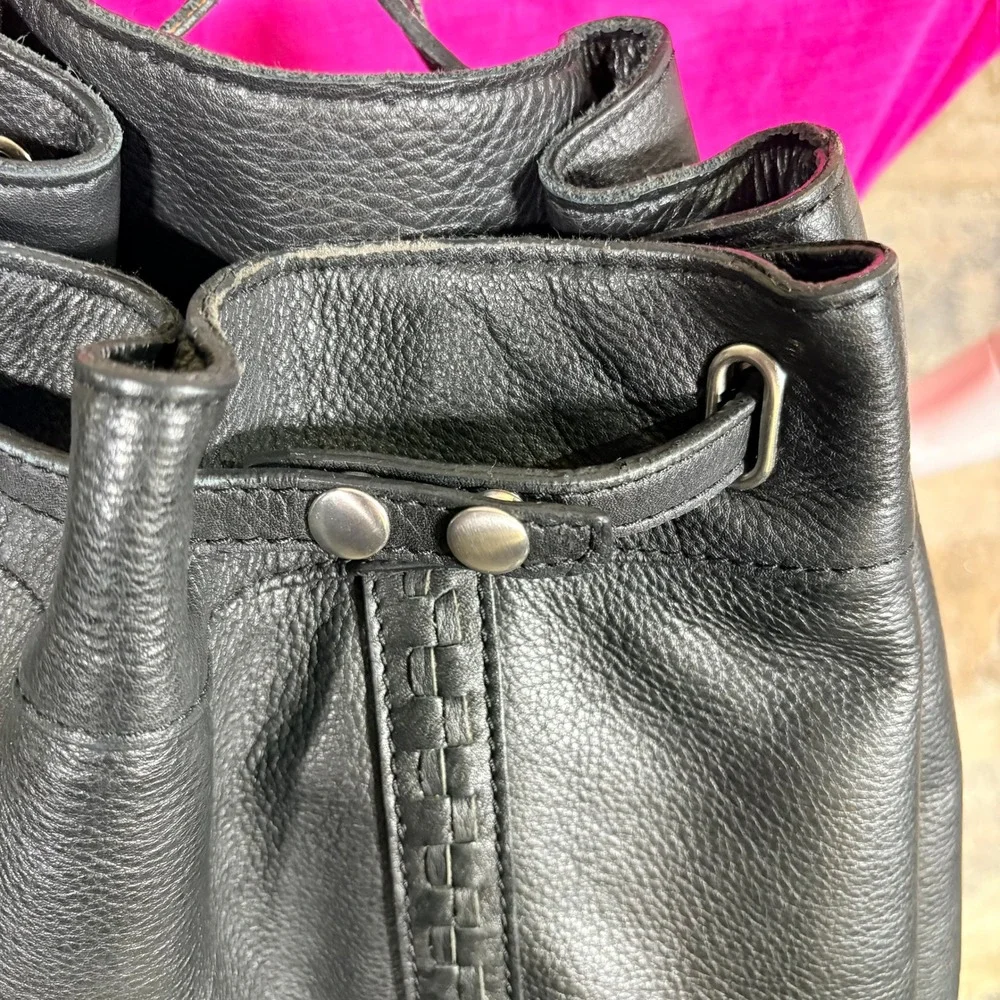 Kelsi Dagger Brooklyn Black‎ Leather Drawstring Backpack Bag Woven Detail